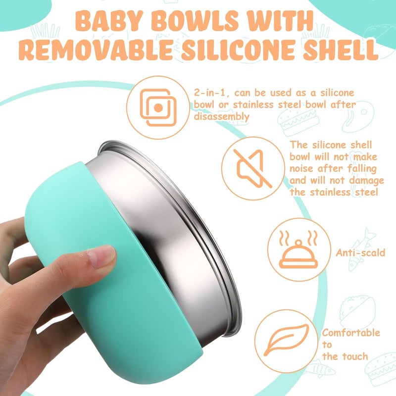 Nuogo 2 Pcs 304 Stainless Steel Baby Bowls with Removable Silicone Shell Toddler Bowls Kids Anti Scald Snack Container for Food Feeding, Dishwasher Safe (Pink,Green) - Image 5